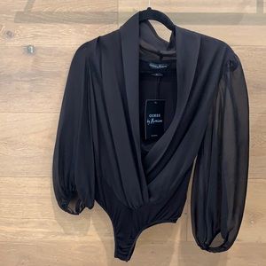 Black Sheer Long Sleeve Body Suit V Neck